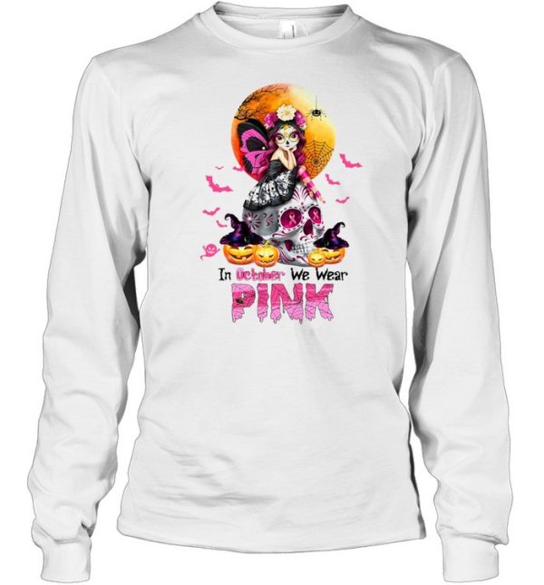 Witch Girl Skull In October We Wear Pink Halloween T-shirt