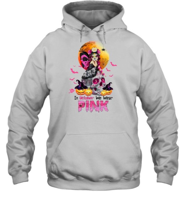 Witch Girl Skull In October We Wear Pink Halloween T-shirt