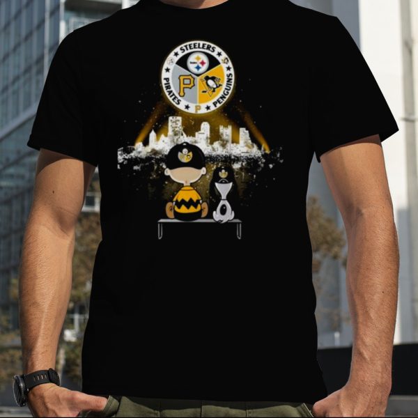 2023 Charlie Brown And Snoopy Watching City Pittsburgh Steelers, Pirates And Penguins Football Shirt