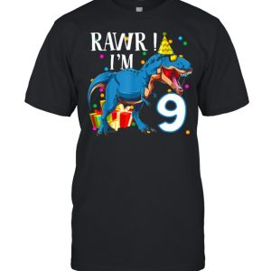 9th Birthday Boy 9 Years Old Dinosaur Saurus T Rex Shirt