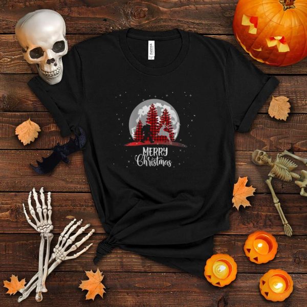 Bigfoot Buffalo Plaid Christmas Tree Moon and Reindeer shirt