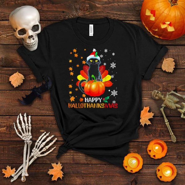 Black Cat Halloween And Merry Christmas Happy Hallothanksmas T Shirt