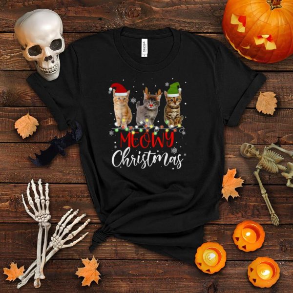 Cat Christmas Santa Hat Lights Meowy Cats Xmas shirt