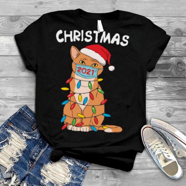 Cat In Face Mask And Santa Hat Christmas 2021 Shirt