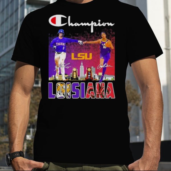 Champion Dylan Crews And Angel Reese Louisiana Lsu Tiger Skyline Signatures Shirt