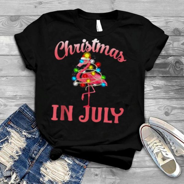 Christmas In July Girl Pink Flamingo in Santa Hat Shirt