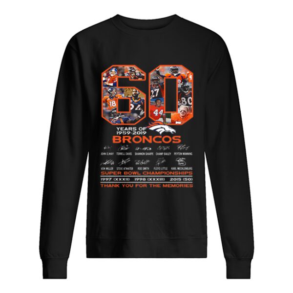 60 years of 1959-2019 Denver Broncos signatures Super Bowl Championships shirt