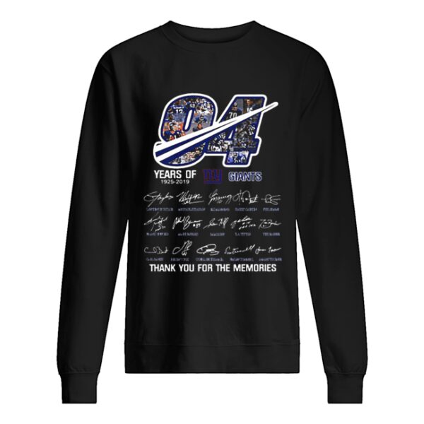 94 Years Of New York Giants 1925-2019 thank you for the memories shirt