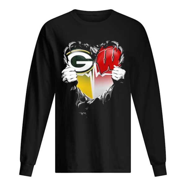 Blood insides green bay packers and wisconsin badgers heart heartbeat shirt