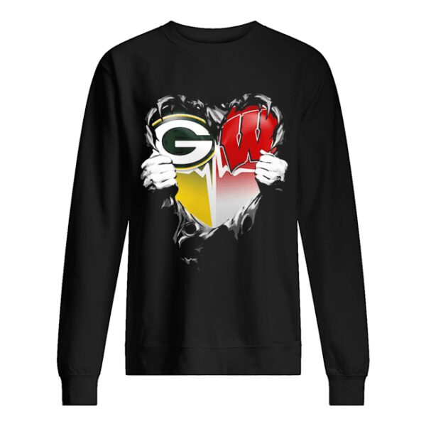 Blood insides green bay packers and wisconsin badgers heart heartbeat shirt