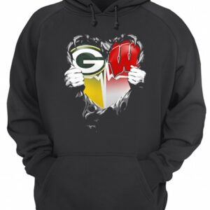 Blood insides green bay packers and wisconsin badgers heart heartbeat shirt 3