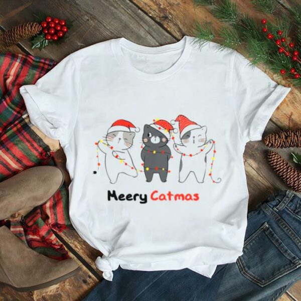 Cat Decorating Christmas Lights Funny Cats With Santa Hat shirt