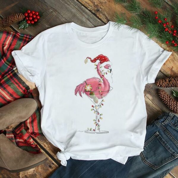 Christmas flamingo and glass and colorful string lights t shirt