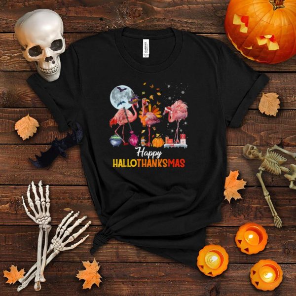 Flamingo Halloween And Merry Christmas Happy Hallothanksmas T Shirt