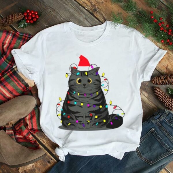 Funny Christmas Cat With Fairy Lights And A Christmas Hat shirt