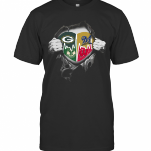 Green Bay Packers Milwaukee Brewers Milwaukee Bucks Wisconsin Badgers Heartbeat Ripped T-Shirt