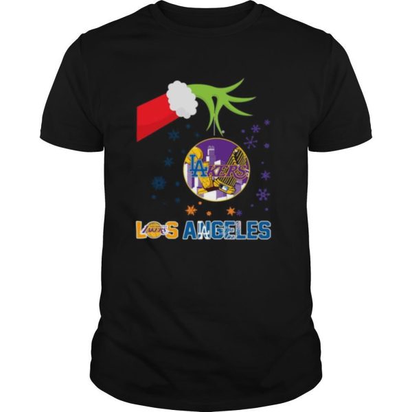 Grinch Hand Holding Lakers Los Angeles Christmas shirt