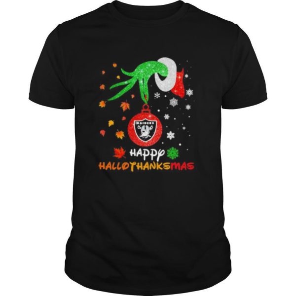 Grinch holding las vegas raiders logo happy hallothanksmas halloween thanksgiving christmas shirt