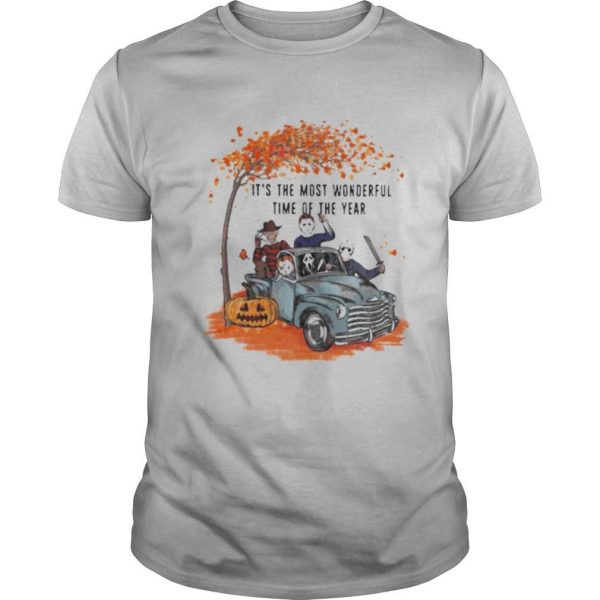 Halloween horror characters riding car it’s the most wonderful time of the year leaves tree shirt