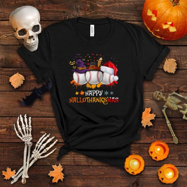 Happy Hallothanksmas Baseball Halloween And Christmas Autumn T Shirt