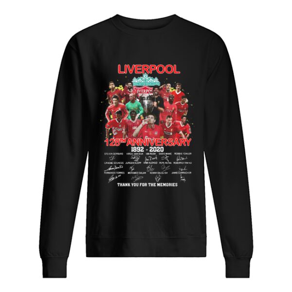 Liverpool football club logo 128th anniversary 1892-2020 signatures thank you for the memories shirt