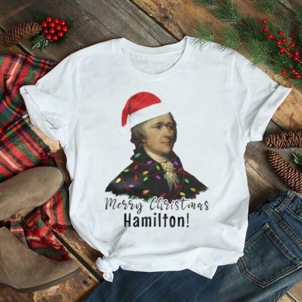 Merry Christmas Hamilton wearing santa hat shirt