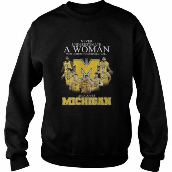 Michigan Wolverines Teams Basketball Never Underestimate A Woman And Love Michigan Signatures shirt