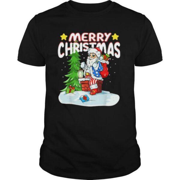 Patriotic American Flag Santa Claus Chimney Christmas shirt