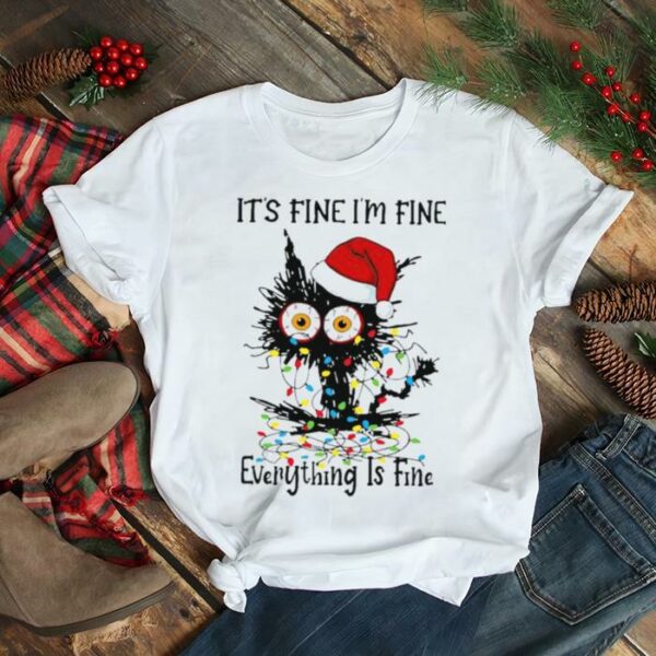 Santa Black Cat light It’s fine I’m fine everything is fine Merry Christmas shirt