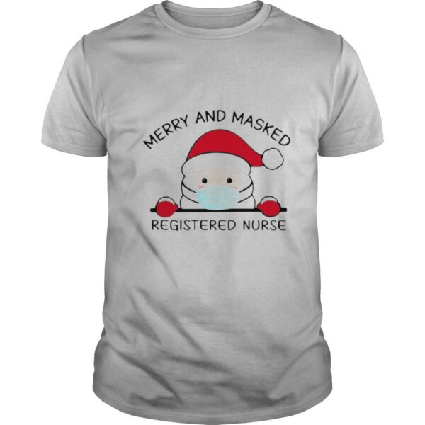 Santa Claus Face Mask Merry And Masked Registered Nurse Christmas shirt