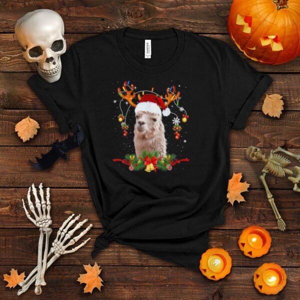 Santa Llama Reindeer Christmas Tree Lights Llama Xmas Shirt