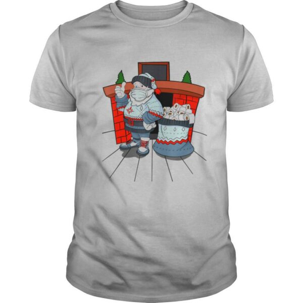 Santa with ugly sweater mask and a bag full of toilet paper shirt