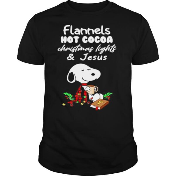 Snoopy flannels hot cocoa christmas lights and jesus shirt