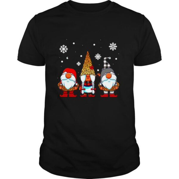 Three gnomes in leopard print buffalo plaid christmas shirt