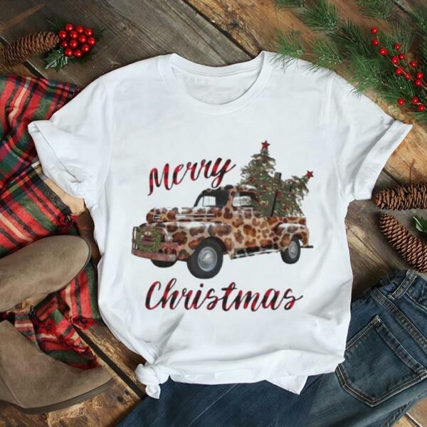 Truck Leopard Buffalo Plaid Merry Christmas Shirt