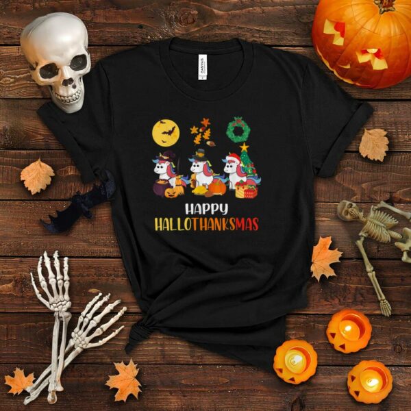 Unicorn Halloween And Merry Christmas Happy Hallothanksmas T Shirt