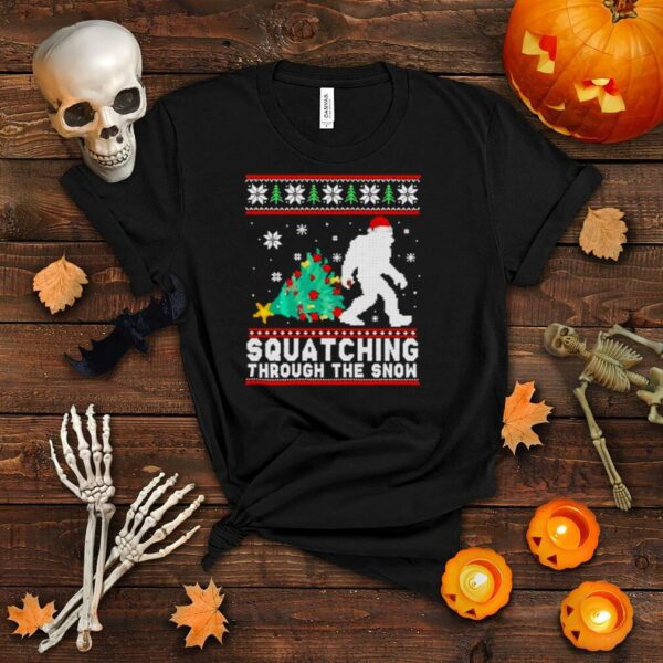 Bigfoot squatching through the snow ugly merry christmas shirt