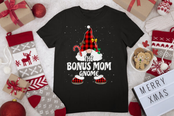 Bonus Mom Gnome Buffalo Plaid Matching Family Christmas T Shirt