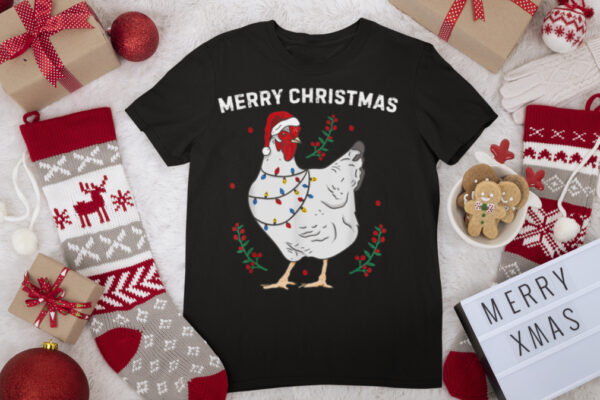 Chicken Merry Christmas Funny Santa Hat Chicken Lights Xmas T Shirt