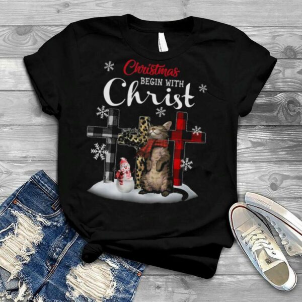 Christmas Begin With Christ Cat Jesus Merry Christmas Shirt