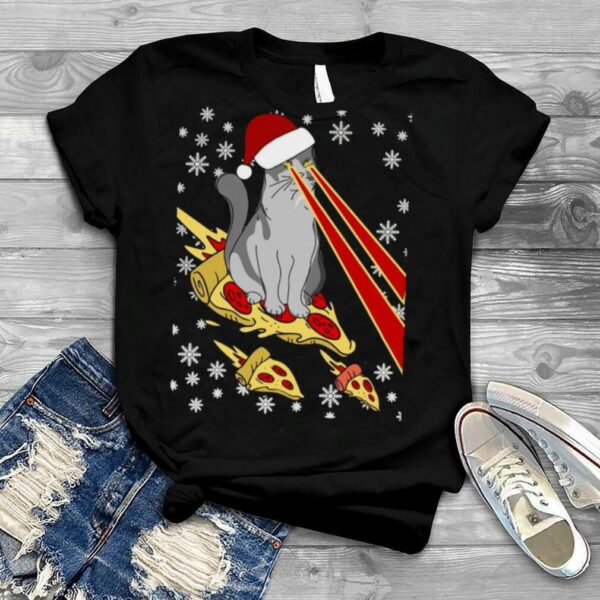 Christmas Cat Riding Pizza Cat Laser Beam shirt