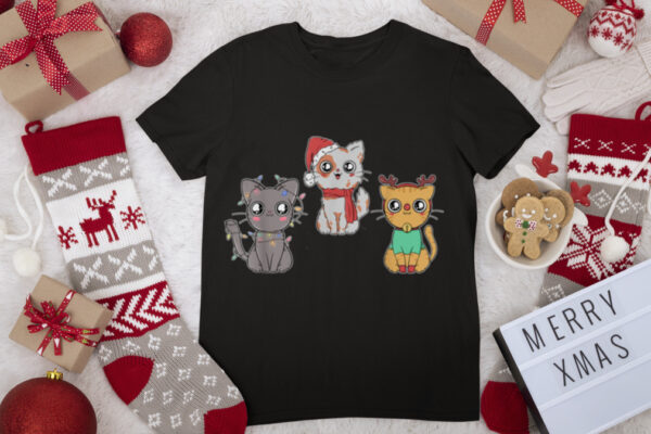 Christmas Cat Shirt For Men Xmas Tree Snow Cat Pajama T Shirt