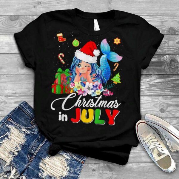 Christmas In July Cute Anime Mermaid Santa Hat Summer Beach T Shirt