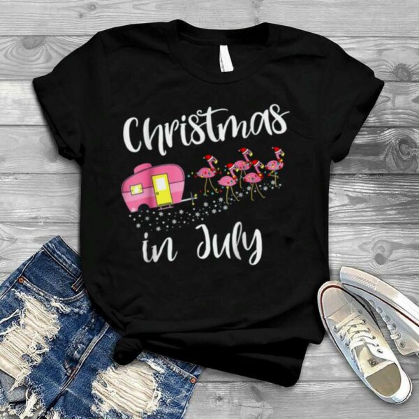 Christmas In July Flamingo Pink Funny Camping Camper T Shirt