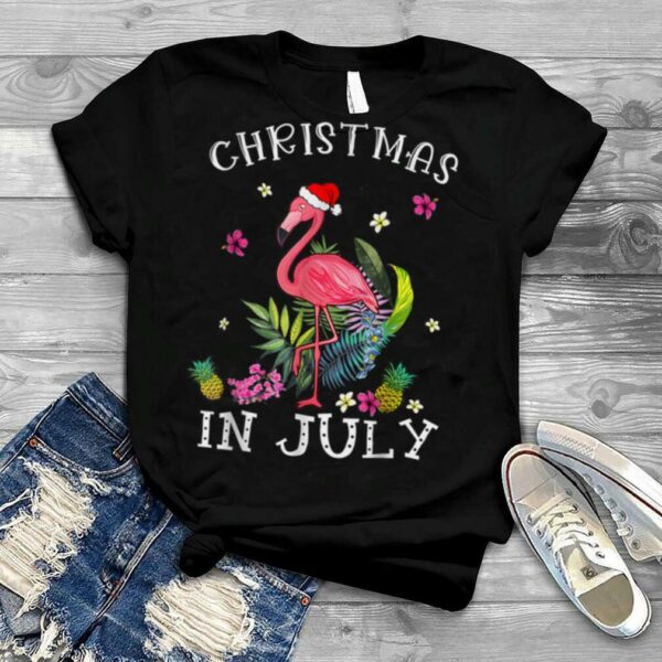 Christmas In July For Women Pink Flamingo T Shirt