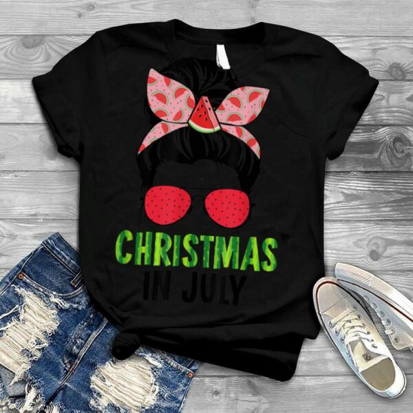 Christmas In July Messy Bun Hair Watermelon Summer Vacation T Shirt