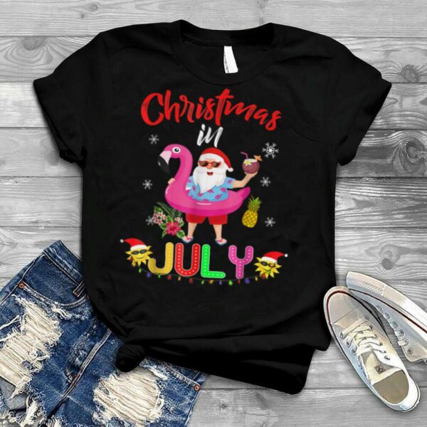 Christmas In July Santa Hawaiian Flamingo Summer Beach T Shirt