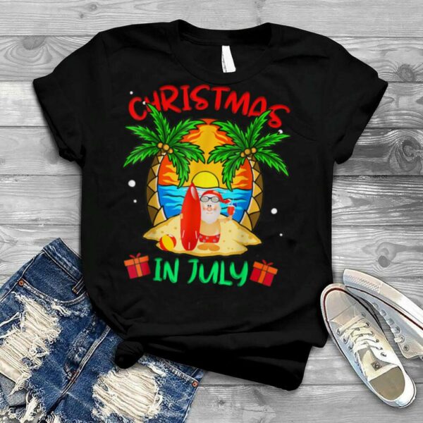 Christmas in July Funny Summer Santa Surfing Beach Vacation T Shirt