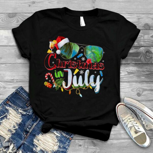 Christmas in July Santa Hat Sunglasses Hawaii Summer T Shirt