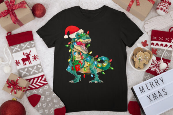 Dinosaur Christmas Santa Hat T Shirt